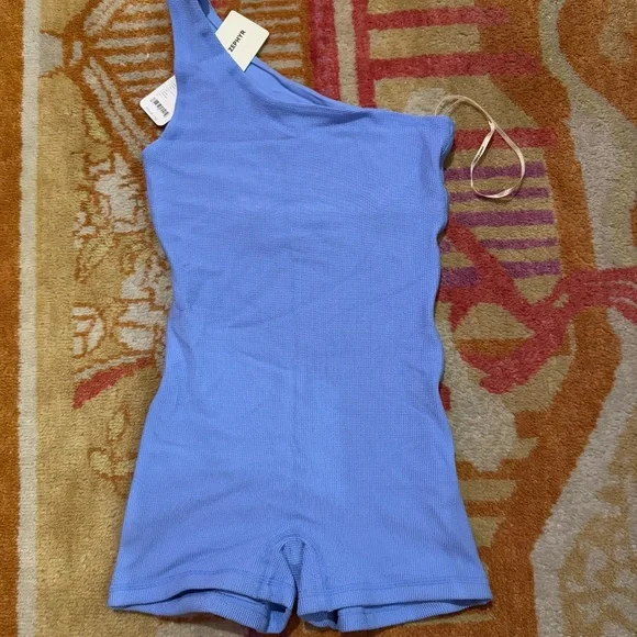 Zulu & Zephyr Waffle Bodysuit One Shoulder Swim Bikini Size 10 Ocean Blue nwt - Picture 2 of 3